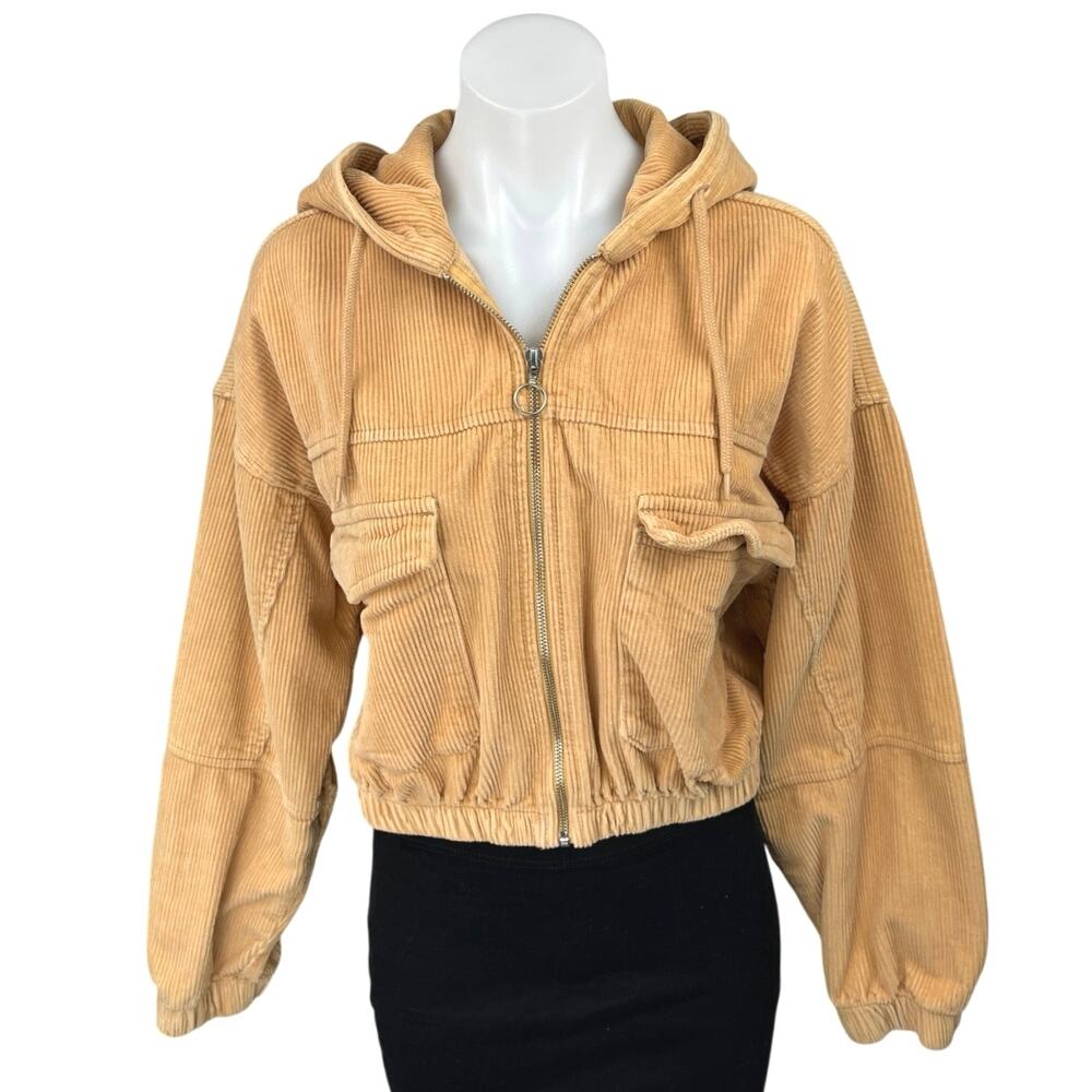 Urban Outfitters BDG Tan Corduroy Zip Up Hooded Hoodie Crop Bomber Coat Jacket M